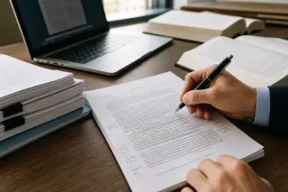 Close-up of a hand annotating legal documents on a wooden desk, with soft natural light and a focused, professional atmosphere.