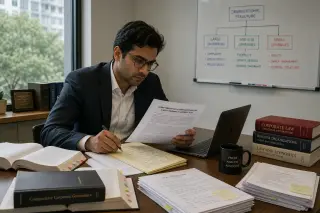 Jurist reading dense documents at a tidy desk with annotated papers, open books, and an organizational chart on a whiteboard in calm office lighting