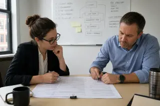 Two professionals in a simple meeting room studying a heavily annotated contract on a table with a whiteboard showing an organizational diagram, focus on concentrated and analytical atmosphere.