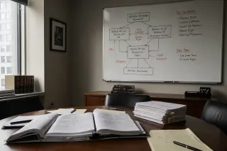 Whiteboard with hand-drawn organizational chart in a quiet, naturally lit meeting room, annotated legal documents on a table, scene conveys concentrated work atmosphere.