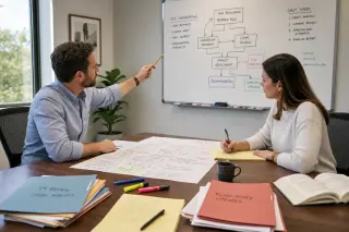 Meeting in a law office, two people in business-casual clothes review annotated documents and flowcharts, focused and engaged in discussion at a wooden table with files and notes scattered around, lit by soft daylight.