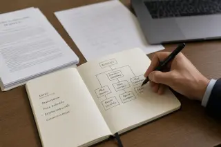 Close-up of a hand drawing an organizational chart in a Moleskine notebook on a meeting table, with legal documents and a laptop softly lit in the background.