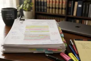 Pile de mémorandums annotés à la main sur un bureau en bois, éclairage naturel doux, ambiance studieuse et concentrée.