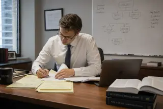 Lawyer studying and annotating legal documents at a wooden desk with a laptop and open books, whiteboard with organizational diagram in the background, calm natural light and focused mood.