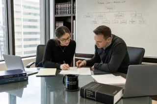 Two professionals in a bright meeting room reviewing and annotating a legal document, with a whiteboard showing an organizational diagram.