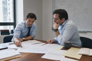 Serious meeting in a quiet office, two professionals reviewing legal documents and annotated reports, sunlight filtering in, whiteboard with organizational diagram in background.