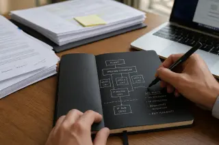 Close-up of a hand sketching an organizational diagram in a Moleskine notebook on a wooden desk, with stacks of annotated documents and a laptop under soft daylight.