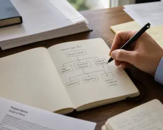 Close-up of a hand sketching an organizational diagram in a moleskine notebook on a wooden desk, surrounded by legal documents, under soft natural light.