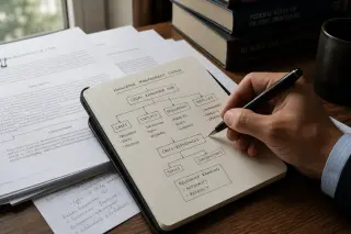 Close-up of a hand drawing an organizational diagram in a Moleskine notebook on a wooden desk with annotated legal papers, softly lit by daylight.