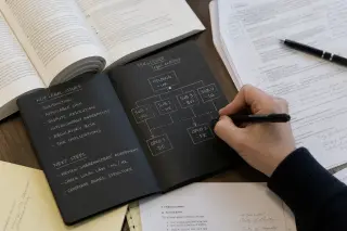 Close-up of a hand drawing an organizational diagram in a black notebook on a wooden desk, surrounded by open legal documents under soft natural light in a sober office setting.