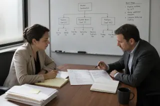 Two lawyers at a meeting table under natural light, discussing papers and a whiteboard filled with an organizational diagram, in a calm, focused office setting.