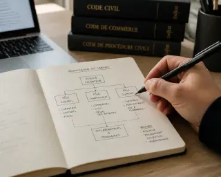 Hand sketching an organizational diagram in a Moleskine notebook on a neat wooden desk, with books and an open laptop nearby, softly lit by daylight.