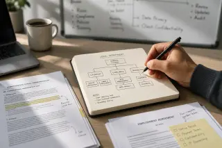 Hand drawing an organizational chart in a notebook on a wooden desk with legal papers and laptop under soft daylight, evoking focused legal work and internal training.