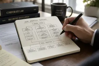 Close-up of a hand drawing an organizational flowchart in a notebook on a lawyer's desk, with legal documents and soft daylight, conveying focused legal work.