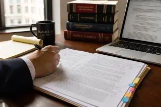 Close-up of a lawyer's hand making notes on a legal memorandum at a wooden desk, with soft daylight, legal books, and an open laptop in a focused office setting.