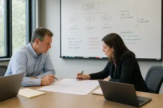 Two professionals, a CFO and legal counsel, concentrate on reviewing annotated documents together in a softly lit, minimalist meeting room with a whiteboard partially filled with a flowchart.