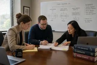 Law firm meeting room with three professionals focused on a legal document, whiteboard with an organizational chart in the background, calm and concentrated atmosphere.