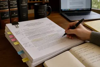 Hand annotating a stack of legal documents on a wooden desk, with legal books and a laptop in the background under soft natural light.