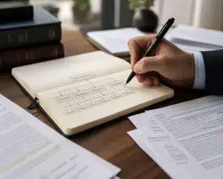 Hand drawing an organizational chart in a notebook, surrounded by legal documents on a clean desk, conveying focused legal work in a calm office environment.