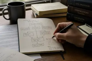 Hand drawing an organizational diagram in a Moleskine notebook on a wooden desk, surrounded by legal documents and law books in a softly lit office.