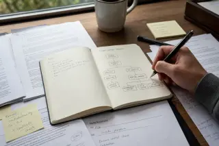 Close-up of a hand drawing a diagram in a moleskine notebook on a wooden desk, surrounded by annotated legal memos, soft daylight, and an atmosphere of concentrated legal work.
