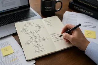 Hand drawing an organizational diagram with a marker in a notebook on a wooden desk, surrounded by annotated documents in a softly lit office.