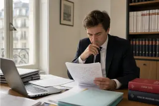 Lawyer intently reading a dense, annotated document at a wooden desk under soft natural light, surrounded by files and law books in a minimalist office setting.