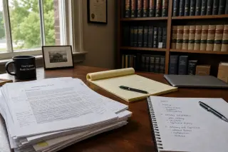 Pile of annotated legal memorandums on a wooden desk in a softly lit office, with law books and a closed laptop in the background.