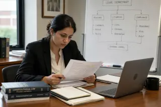 Legal advisor reading a detailed document at a wooden desk with legal books, handwritten notes, and a laptop, under soft natural light in a calm office setting.