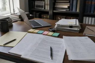 A wooden desk with annotated legal documents and a laptop in gentle natural light, shelves with law books blurred in the background.