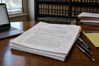 Stack of annotated legal documents on a wooden desk with pens and an open laptop, legal books blurred in the background.