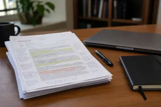 Pile of annotated legal memorandums, pen, laptop, and closed notebook on a wooden office desk in gentle daylight